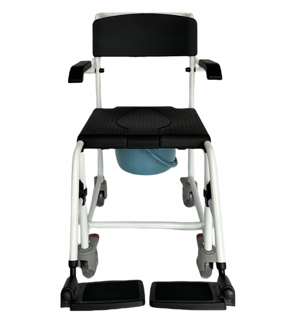 4-in-1 Bedside Commode Shower Wheelchair, Commode chair for Toilet with Arms, 4 Lockable Wheels, Detachable Bucket, Height Adjustable & Flip-up Footrest, Padded Mobile Toilet Chair