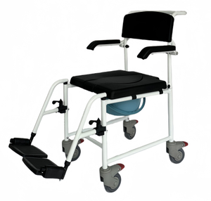 4-in-1 Bedside Commode Shower Wheelchair, Commode chair for Toilet with Arms, 4 Lockable Wheels, Detachable Bucket, Height Adjustable & Flip-up Footrest, Padded Mobile Toilet Chair